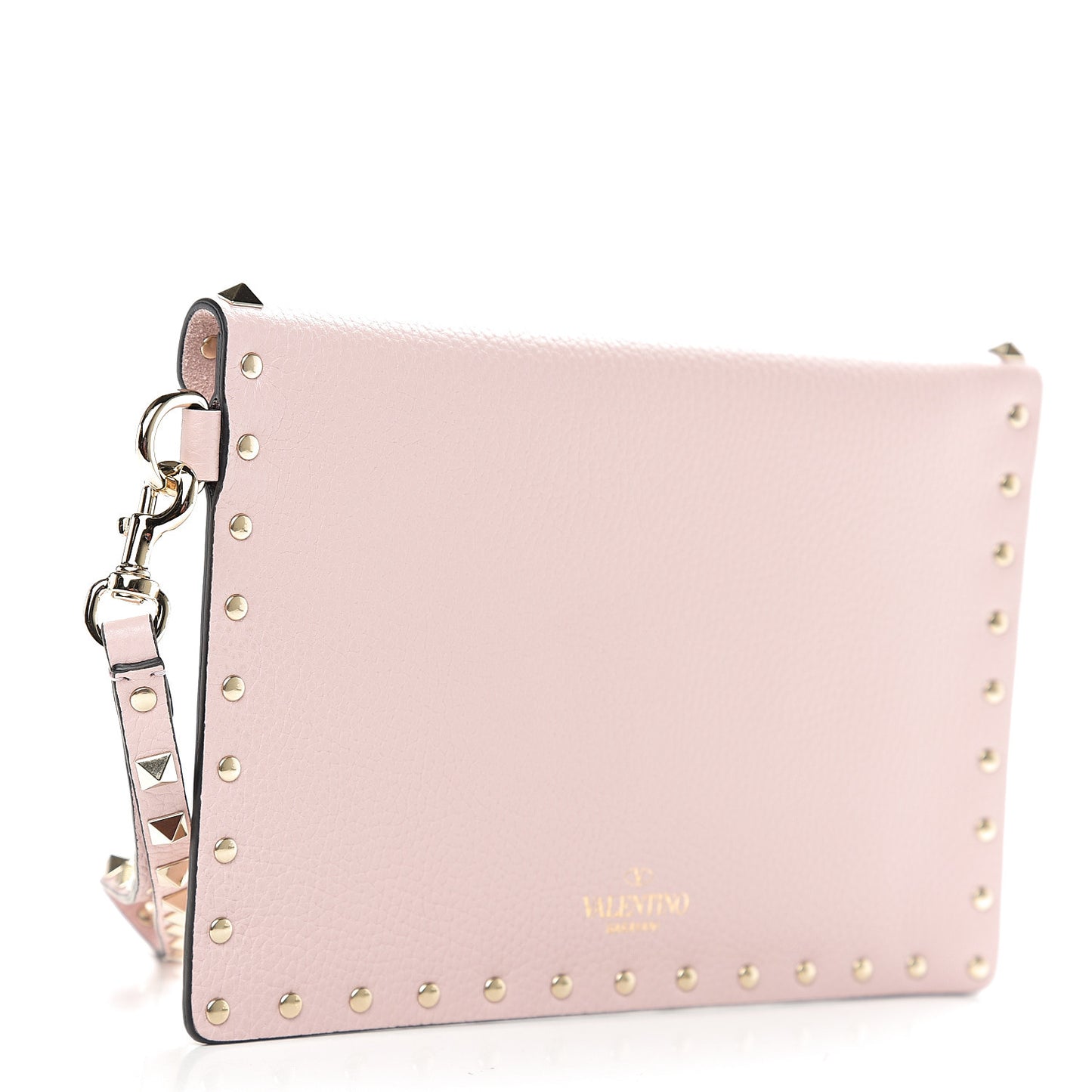 Pebbled Calfskin Medium Rockstud Envelope Flat Wristlet Pouch Water Rose