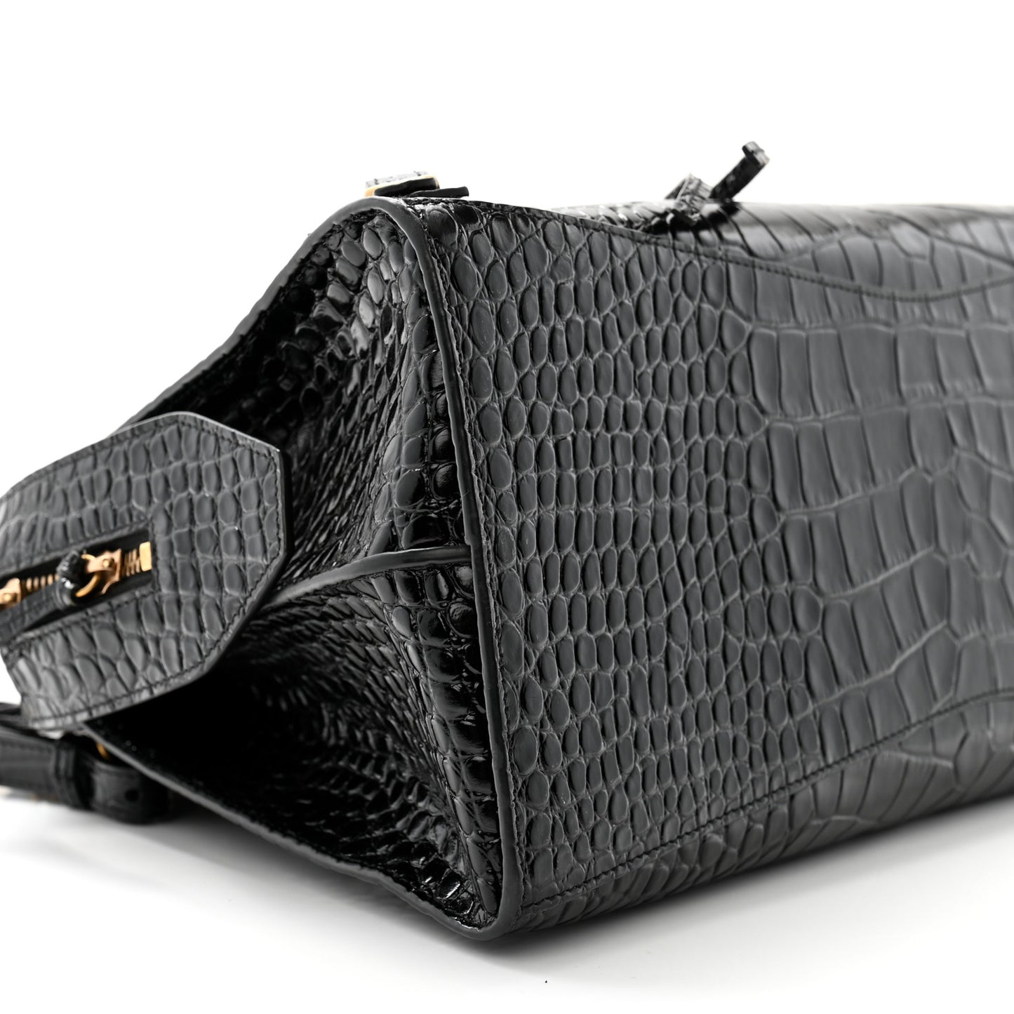 Shiny Supple Calfskin Crocodile Embossed Brass Hardware Neo Classic City Black