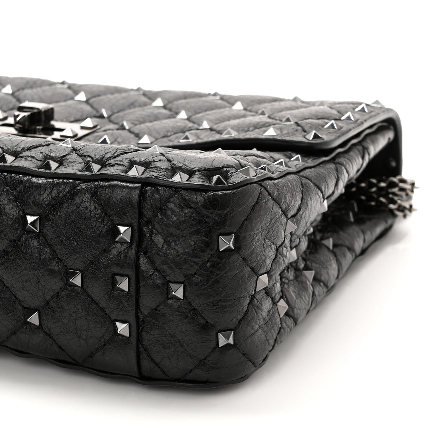 Craquele Nappa Medium Rockstud Spike Shoulder Bag Black