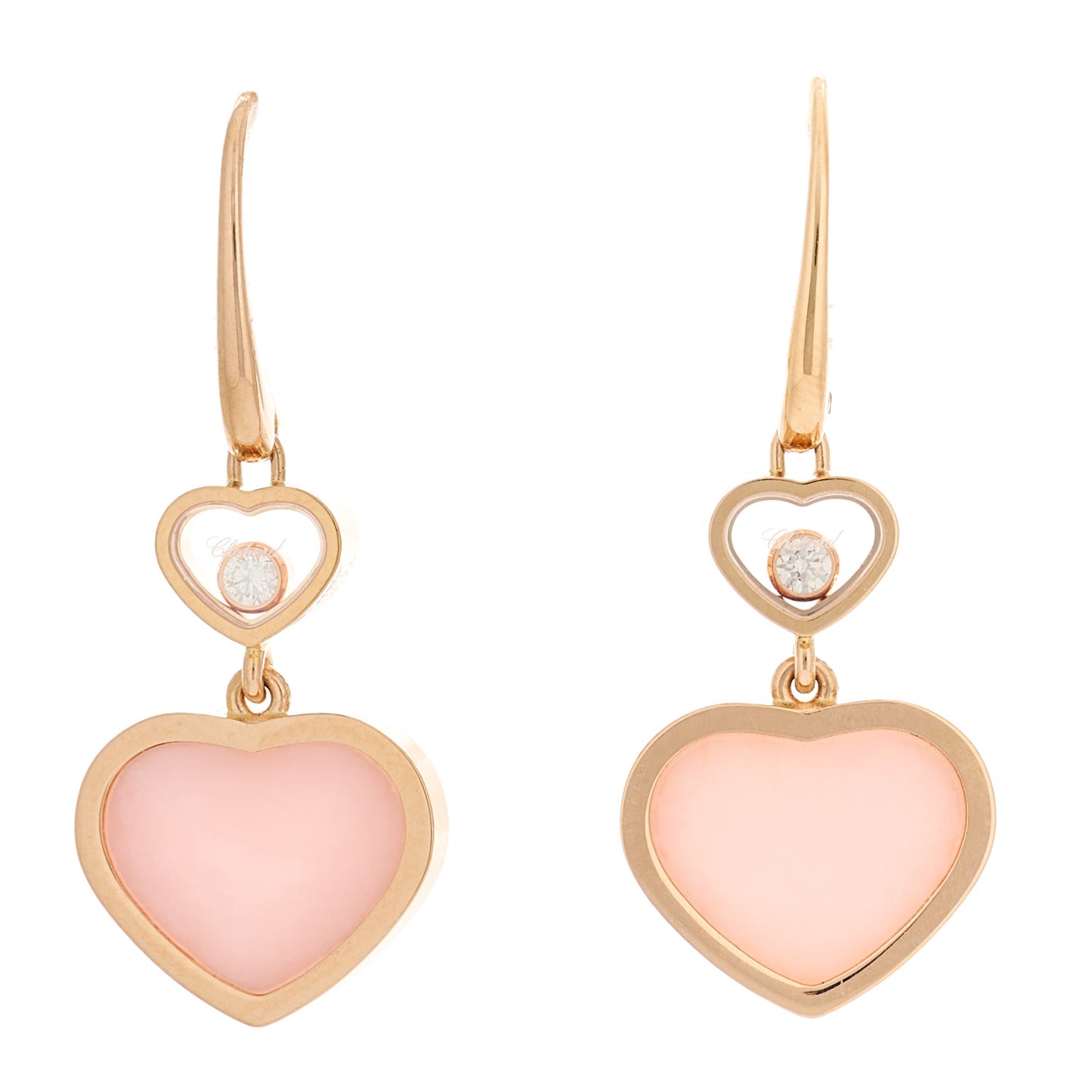 18K Rose Gold Diamond Pink Opal Floating Happy Diamonds Hearts Earrings