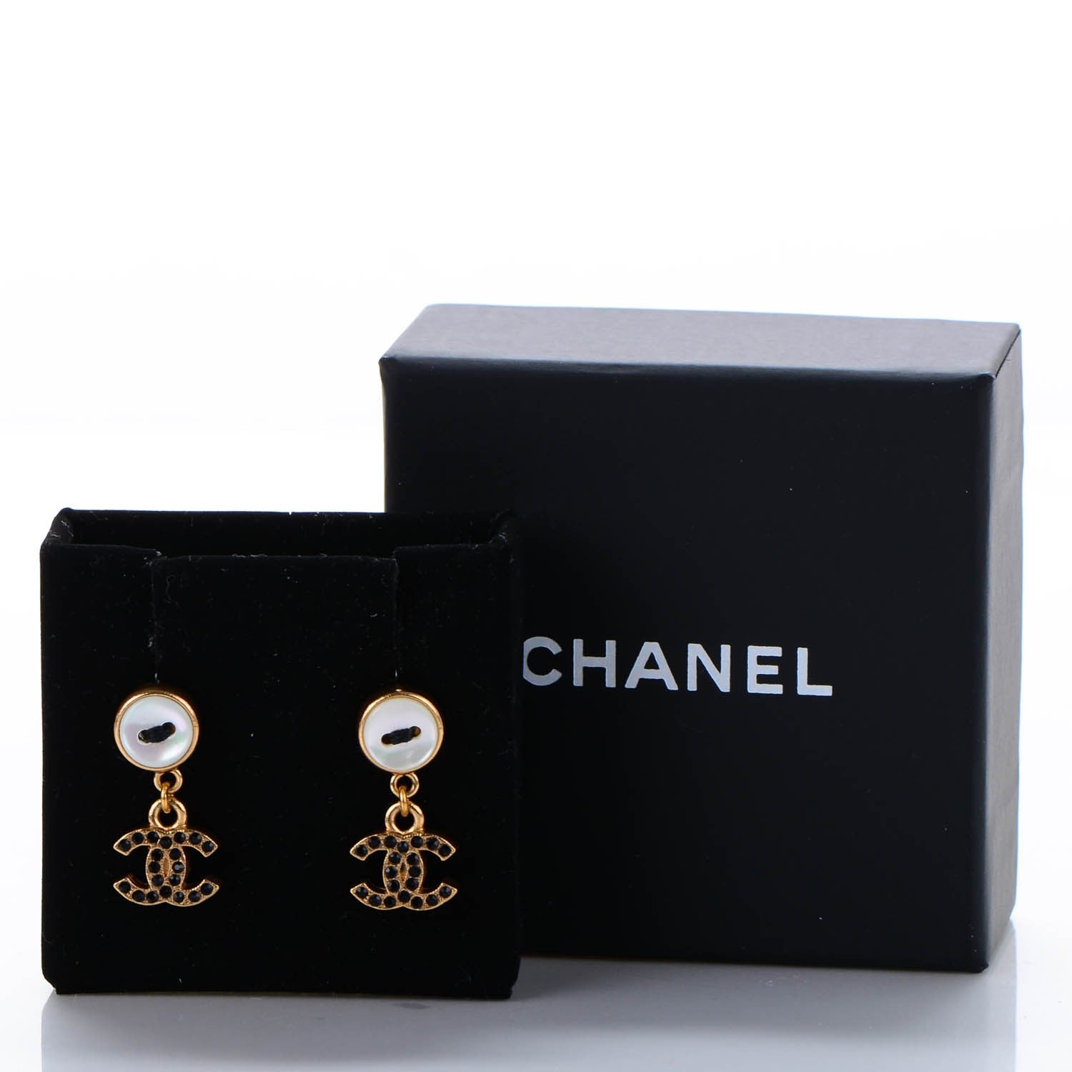 Chanel Crystal Button CC Dangle Earrings Black Gold 5 of 5