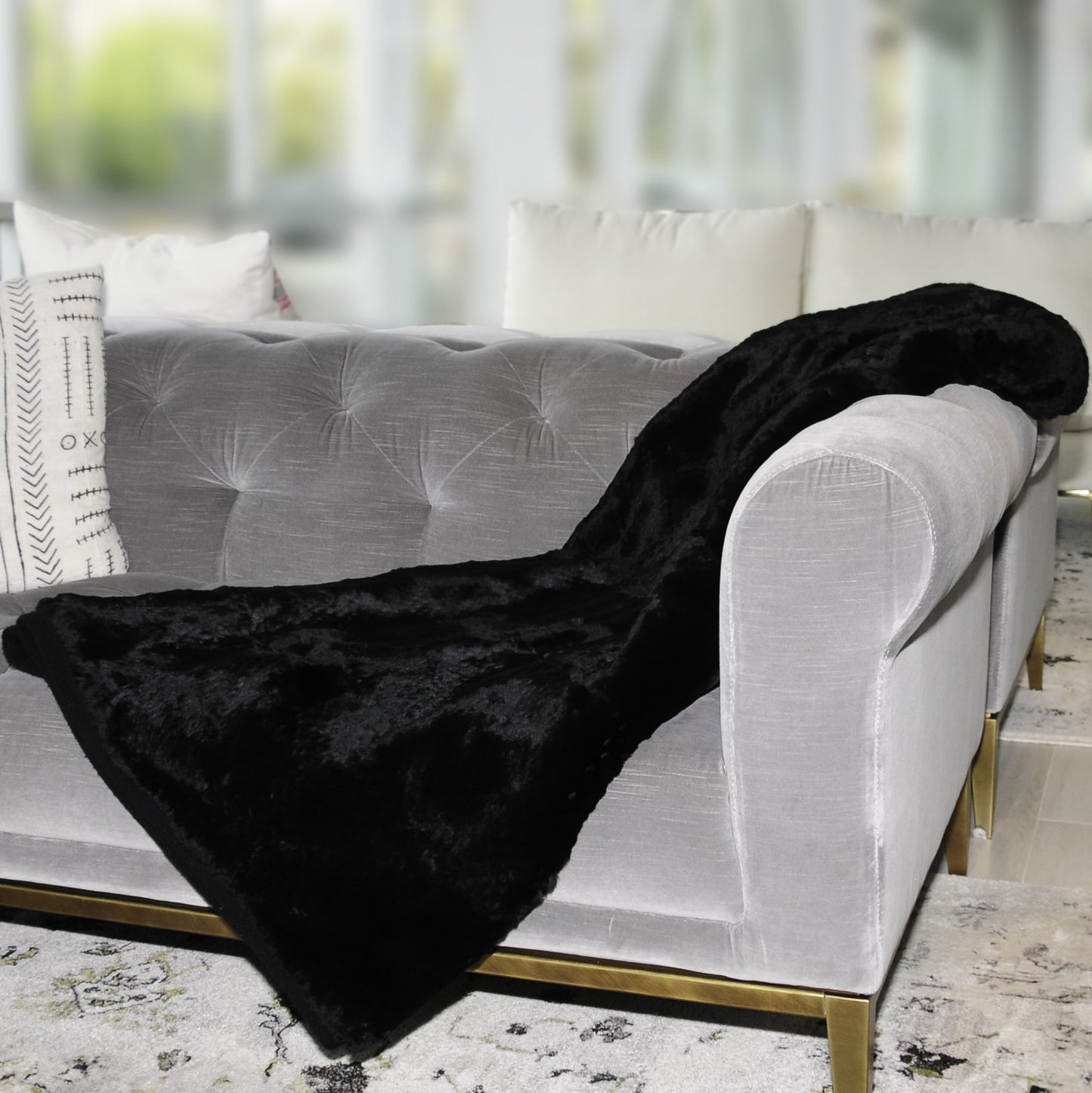 Rabbit Fur Throw Blanket Black