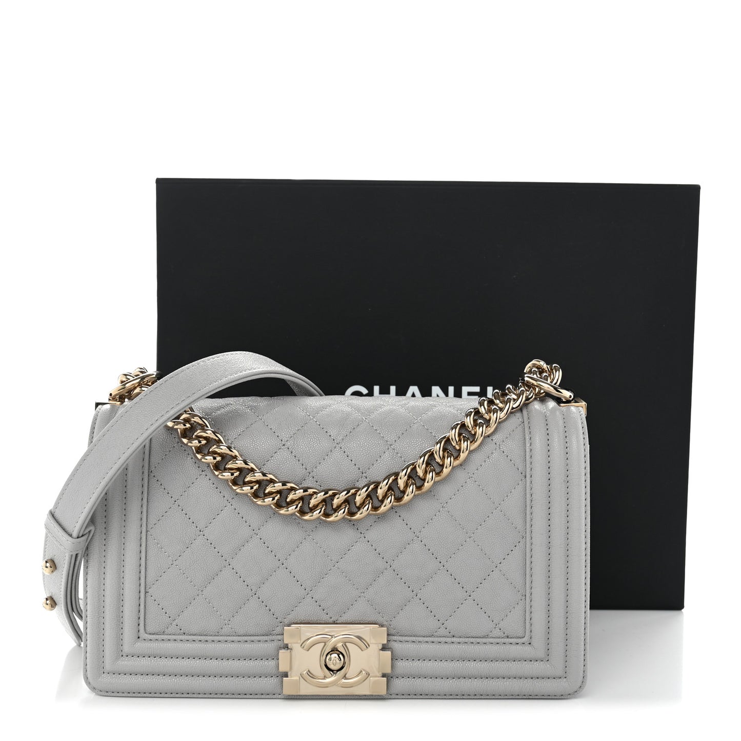 Caviar Quilted Medium Boy Flap Light Grey