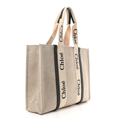 Chloe Cotton Calfskin Large Woody Ribbon Tote White Black 3 of 9