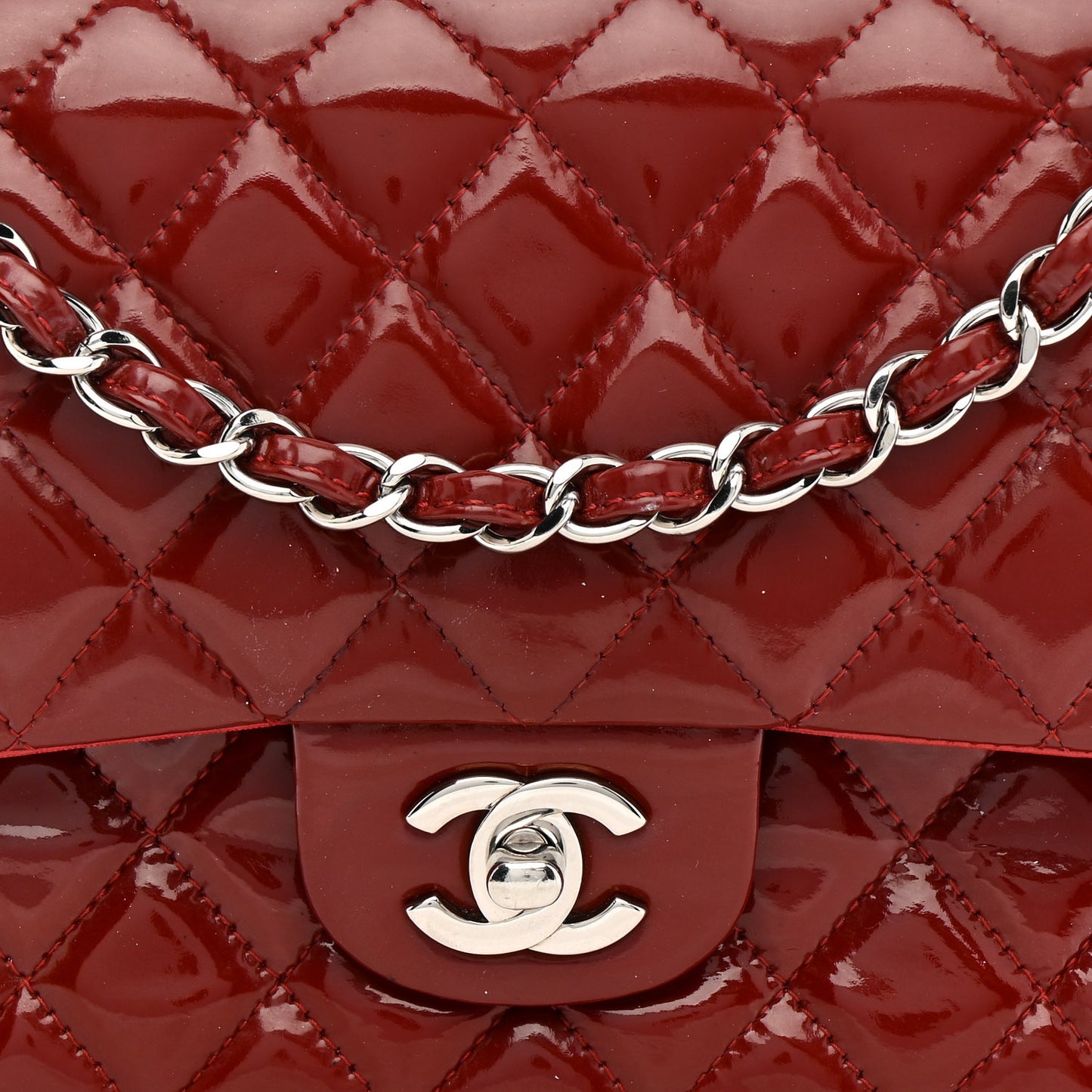 Patent Calfskin Quilted Medium Double Flap Dark Red