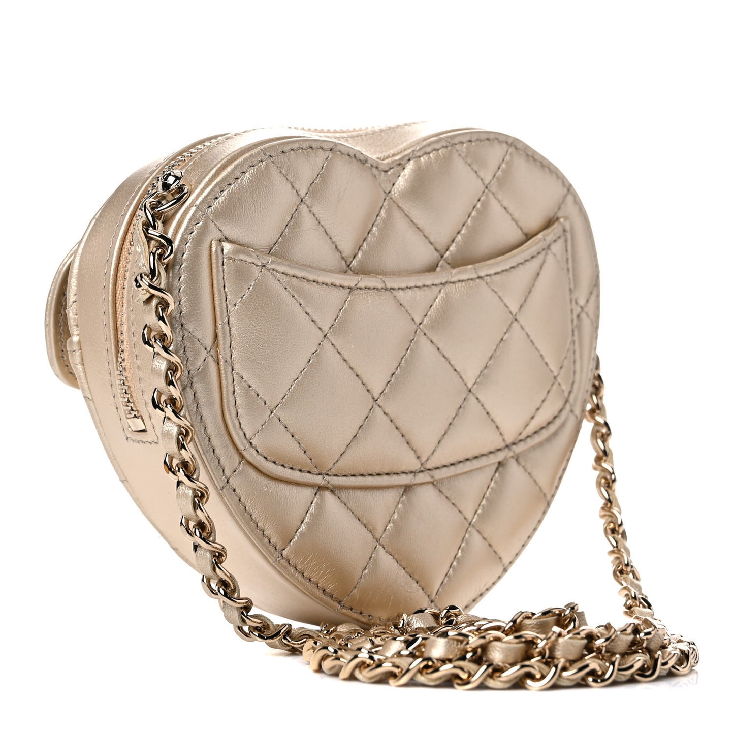 Metallic Lambskin Quilted CC In Love Heart Clutch With Chain Gold