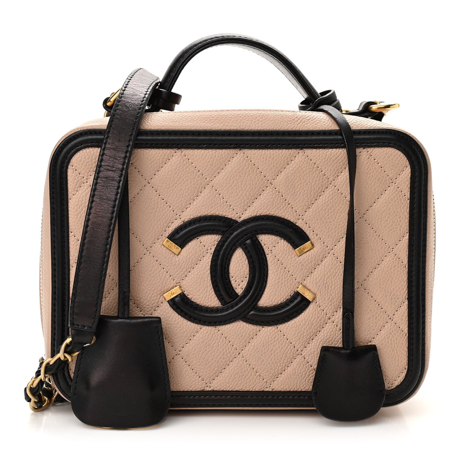 Caviar Quilted Medium CC Filigree Vanity Case Beige Black