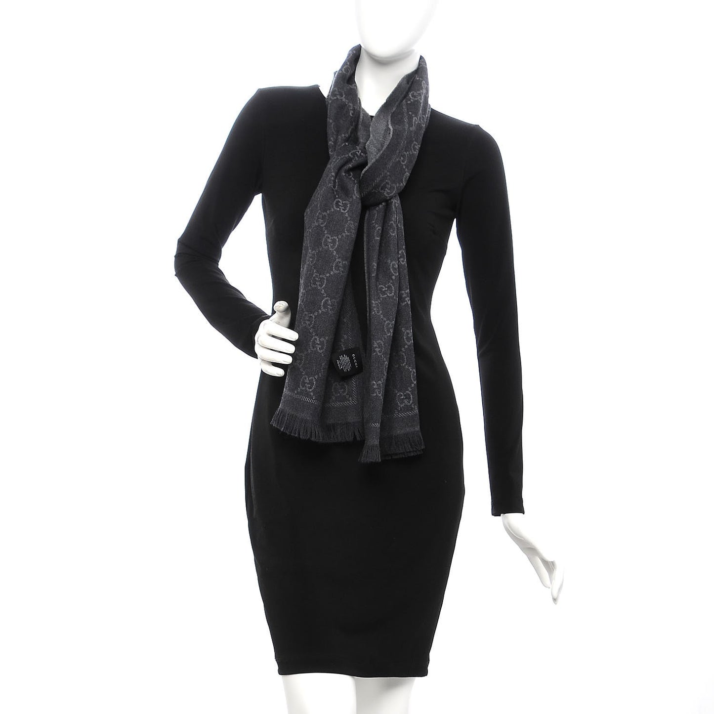 Wool Jacquard GG Monogram Sten Fringe Scarf Anthracite Black