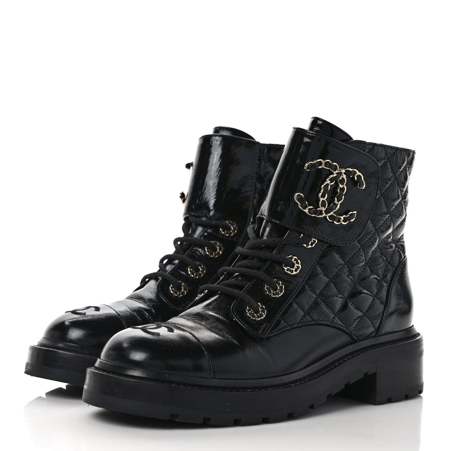Shiny Calfskin Quilted Lace Up Combat Boots 38.5 Black