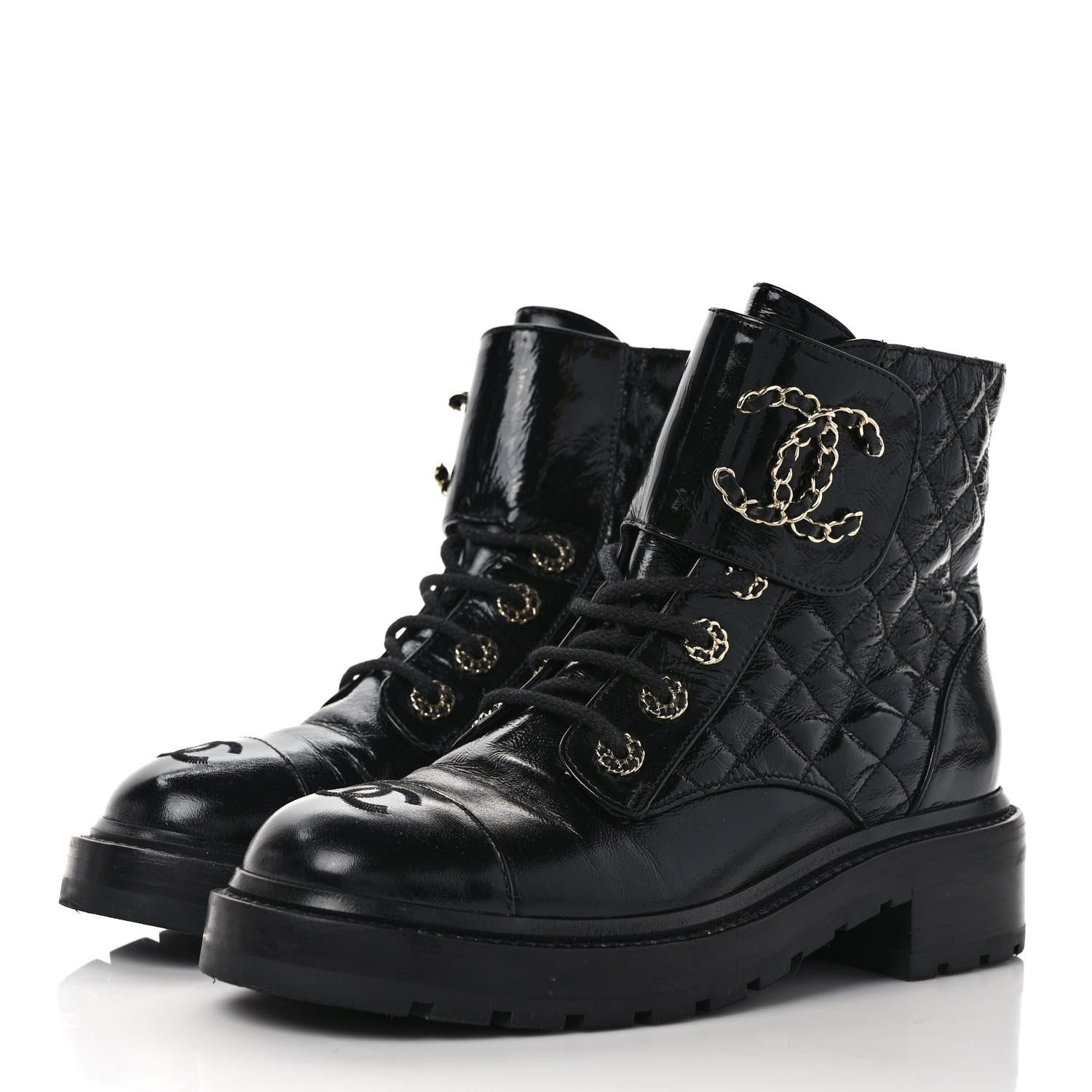 Chanel Shiny Calfskin Quilted Lace Up Combat Boots 38.5 Black 3 of 8