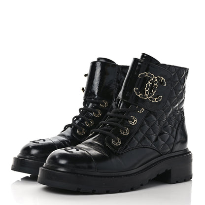 Chanel Shiny Calfskin Quilted Lace Up Combat Boots 38.5 Black 3 of 8