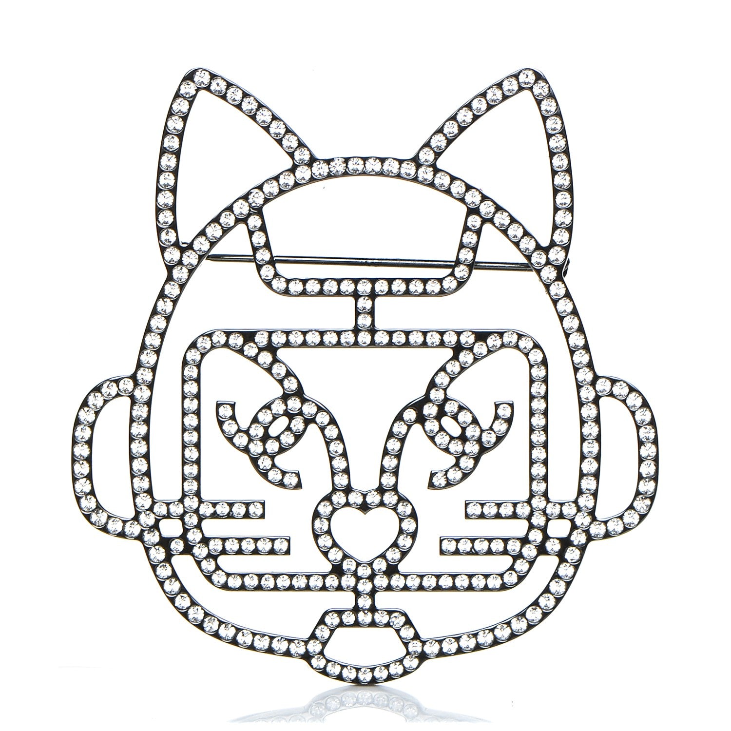 Chanel Strass Crystal Emoji Robot Cat Brooch Black Silver 1 of 4