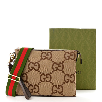 Gucci Monogram Jumbo GG Textured Dollar Calfskin Web Wristlet Messenger Bag Camel Ebony New Acero 11 of 11