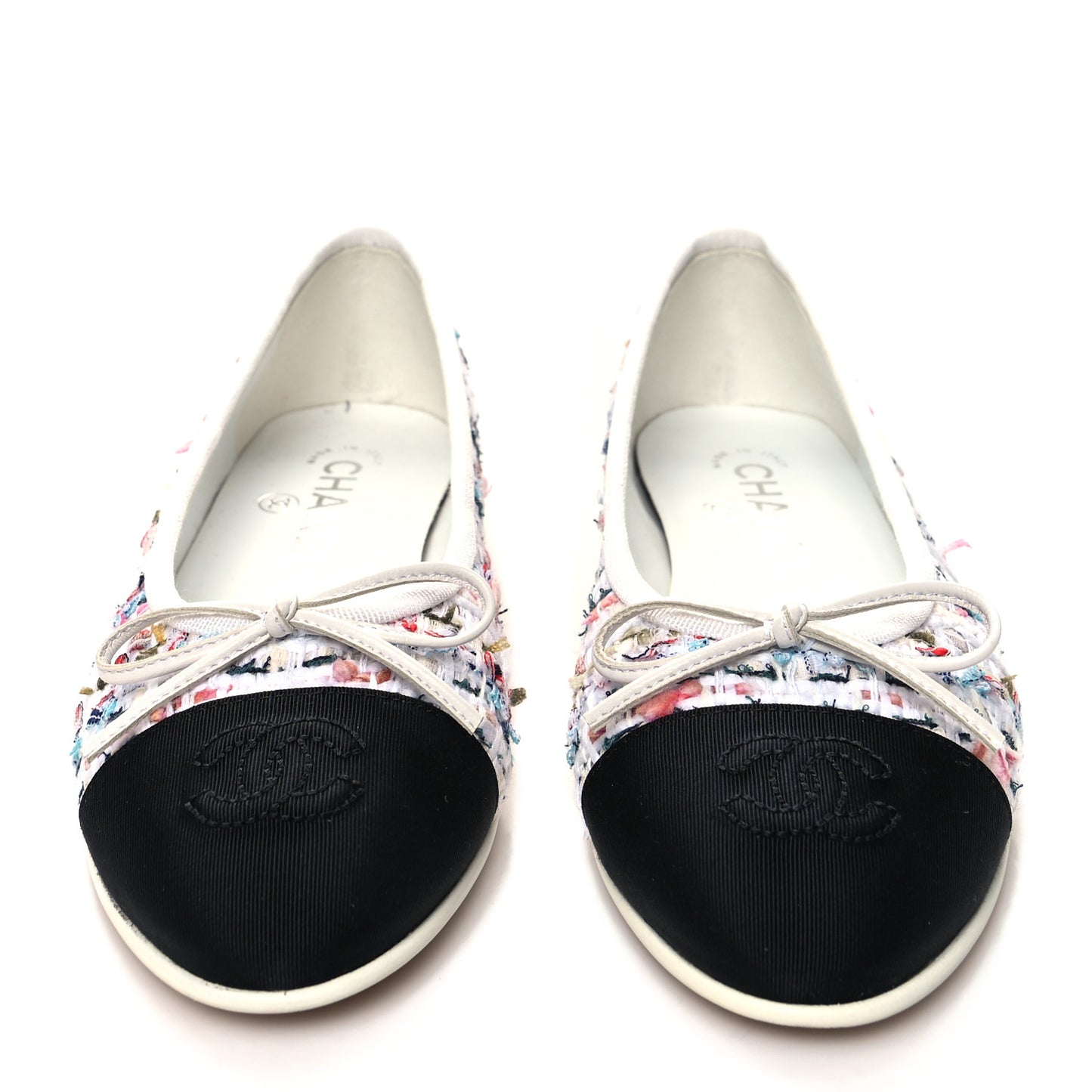 Tweed Grosgrain Cap Toe Ballerina Flats 35.5 White Black Pink