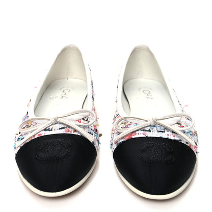 Chanel Tweed Grosgrain Cap Toe Ballerina Flats 35.5 White Black Pink 2 of 8