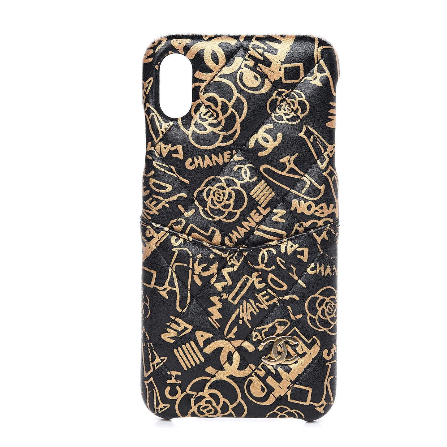 Lambskin Quilted iPhone XR Coco Tech Egyptian Graffiti Case Black Gold