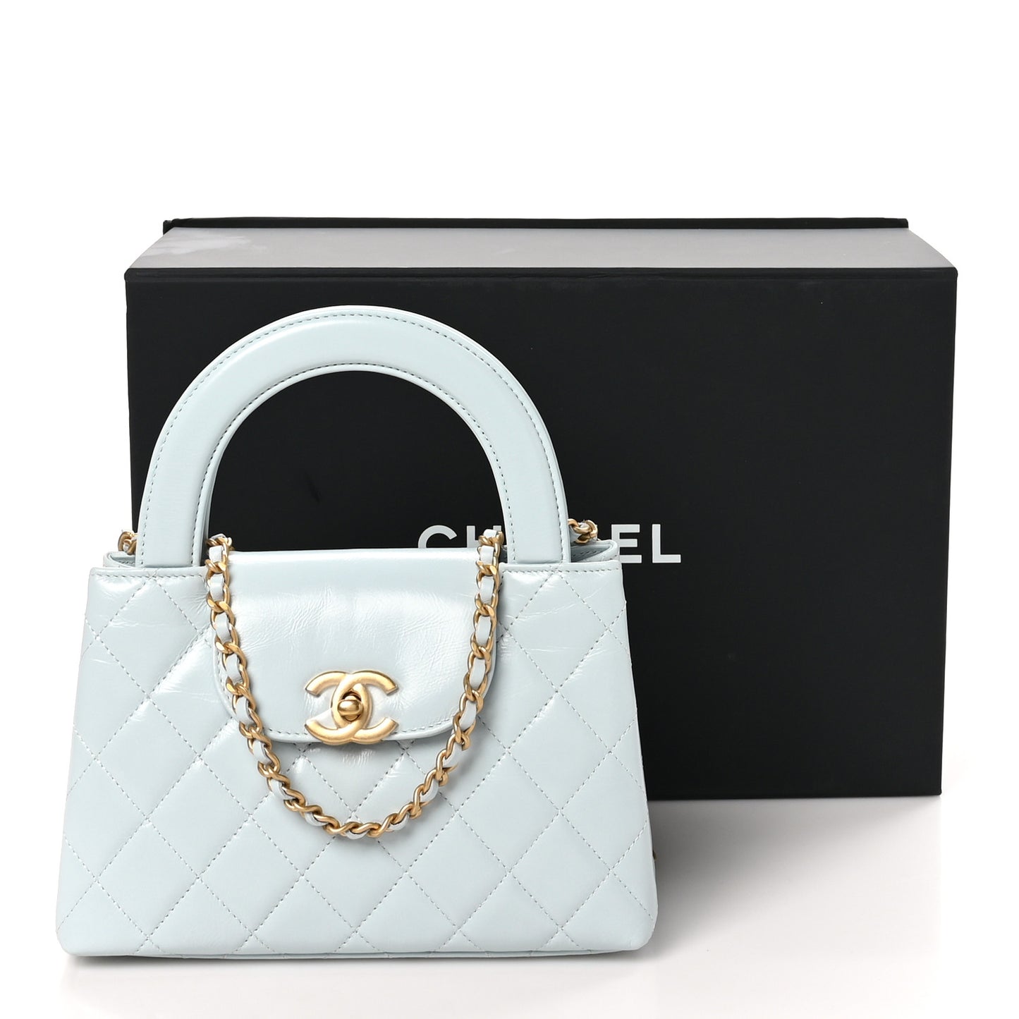 Shiny Aged Calfskin Quilted Nano Kelly Shopper Light Blue