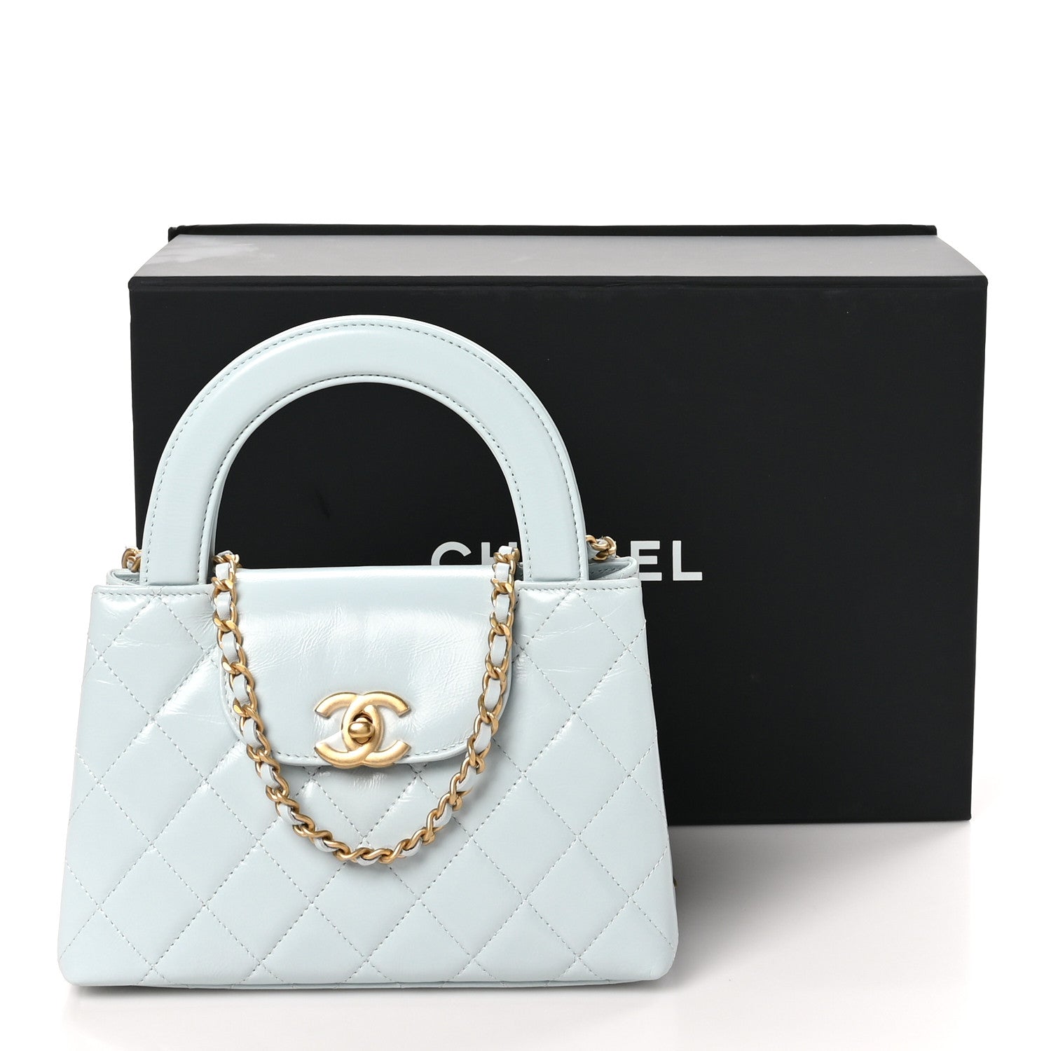 Chanel Shiny Aged Calfskin Quilted Nano Kelly Shopper Light Blue 12 of 12