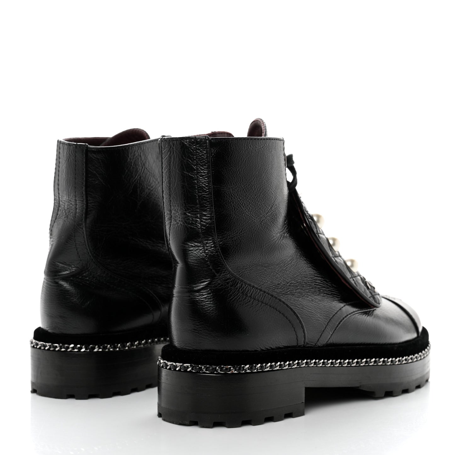 Crackled Calfskin Velvet Pearl Combat Short Boots 36 Black