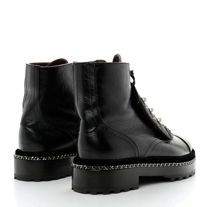 Chanel Crackled Calfskin Velvet Pearl Combat Short Boots 36 Black 4 of 8