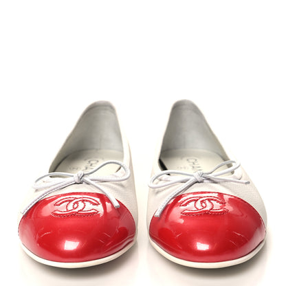Chanel Calfskin Patent CC Cap Toe Ballerina Flats 38 White Red 2 of 9