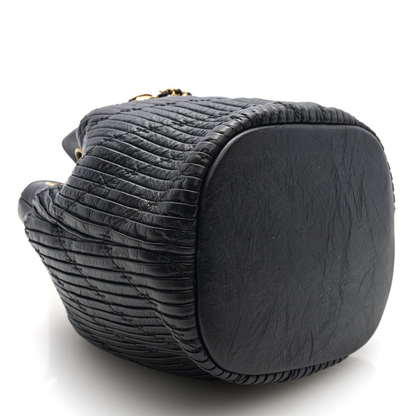 Crumpled Calfskin Coco Pleats Small Drawstring Bag Black