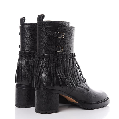 Valentino Garavani Calfskin Fringe Combat Boots 39 Black 4 of 9