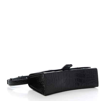Balenciaga Shiny Calfskin Monochrome Crocodile Embossed Small Hourglass Sling Shoulder Bag Black 4 of 9