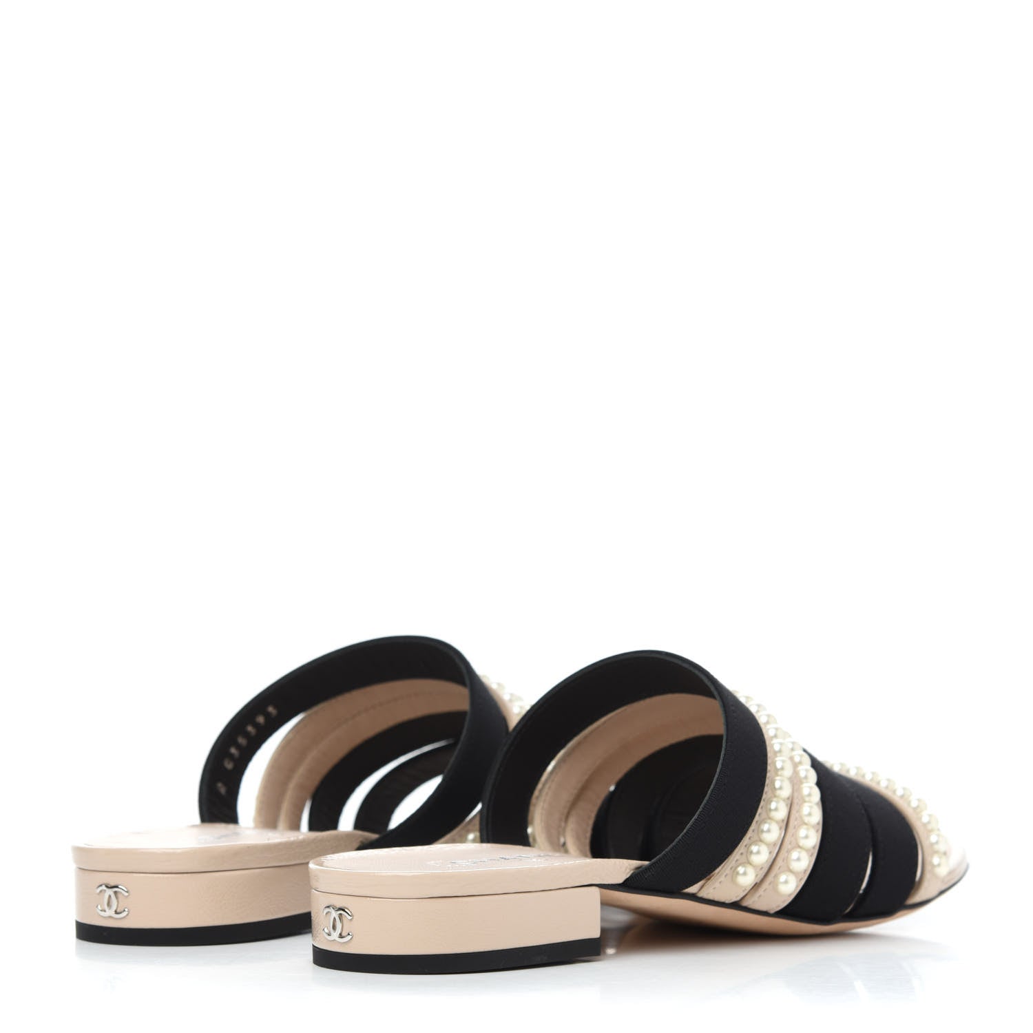 Chanel Patent Calfskin Grosgrain CC Pearl Mules 36 Beige Black 7 of 26