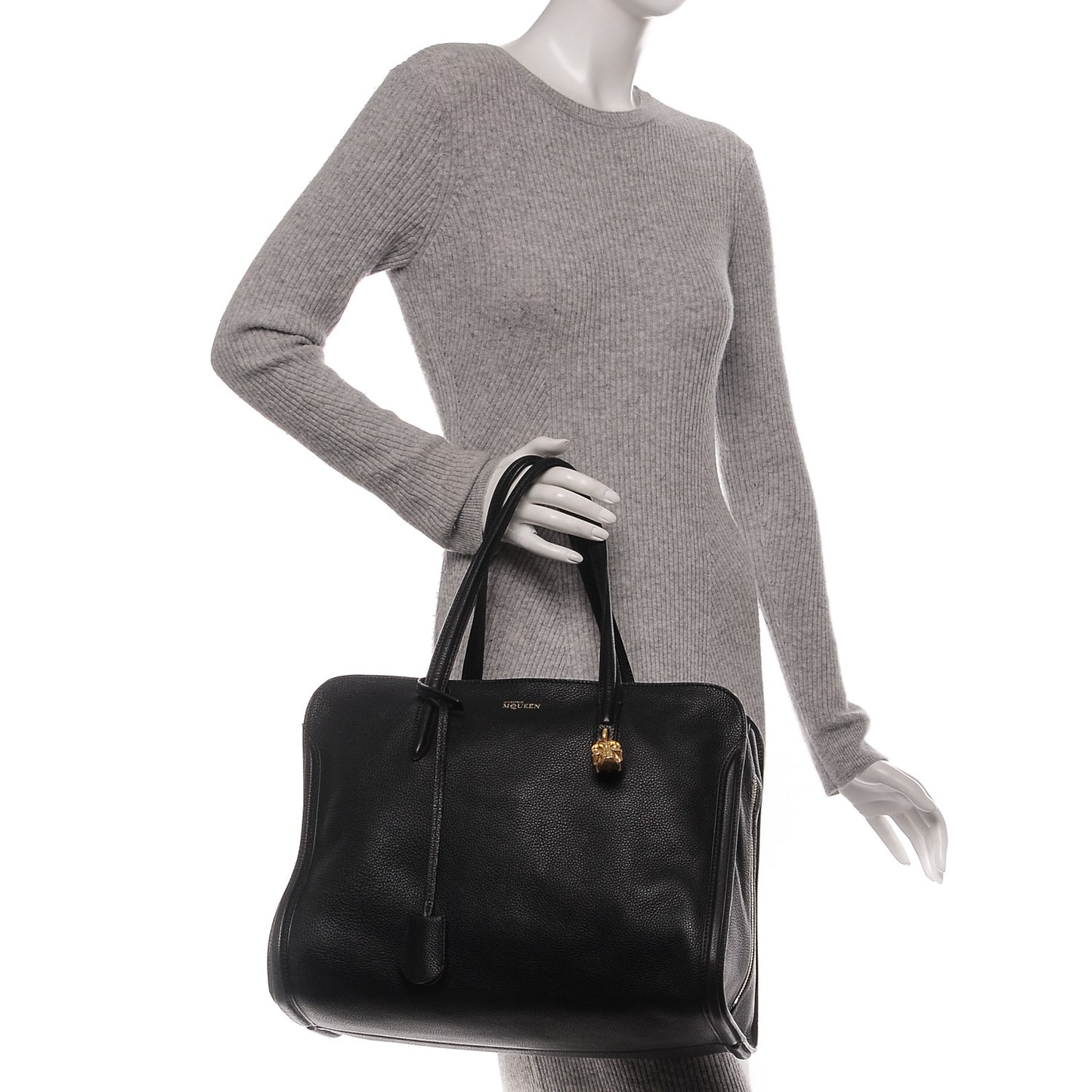 Pebbled Calfskin Large Skull Padlock Zip Around Tote Black