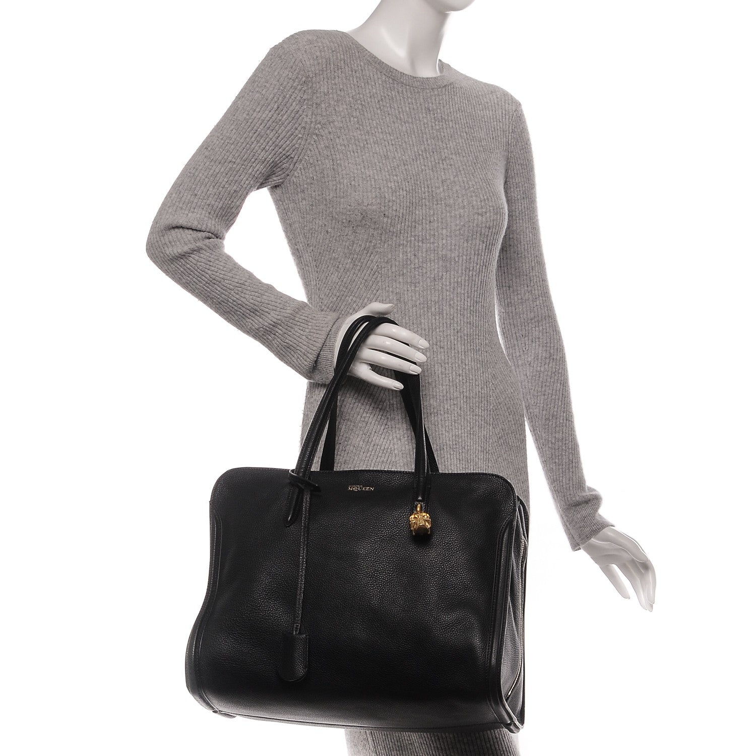 Alexander McQueen Pebbled Calfskin Large Skull Padlock Zip Around Tote Black 2 of 7
