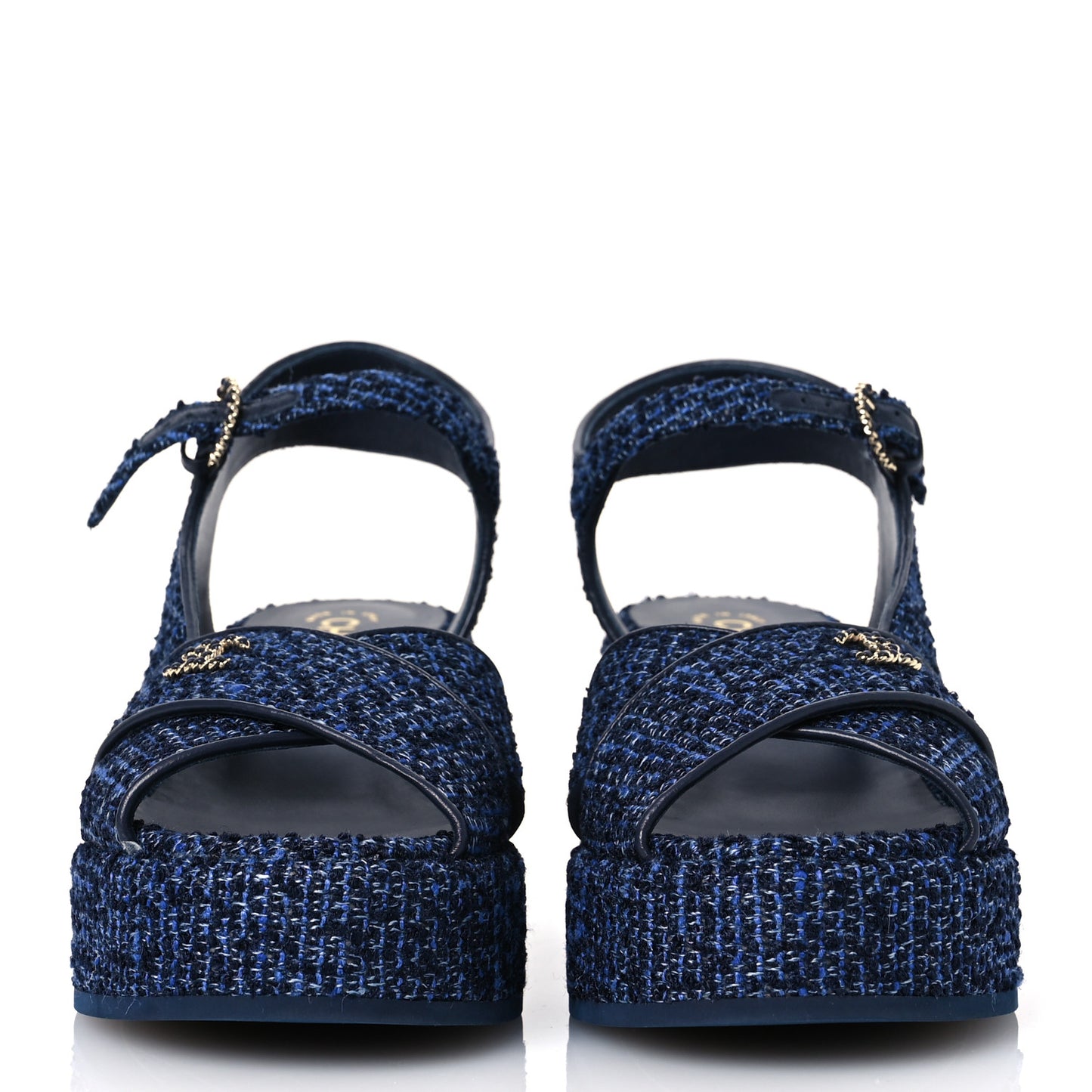 Silk Linen Tweed Quilted CC Platform Sandals 39.5 Navy Blue Gray