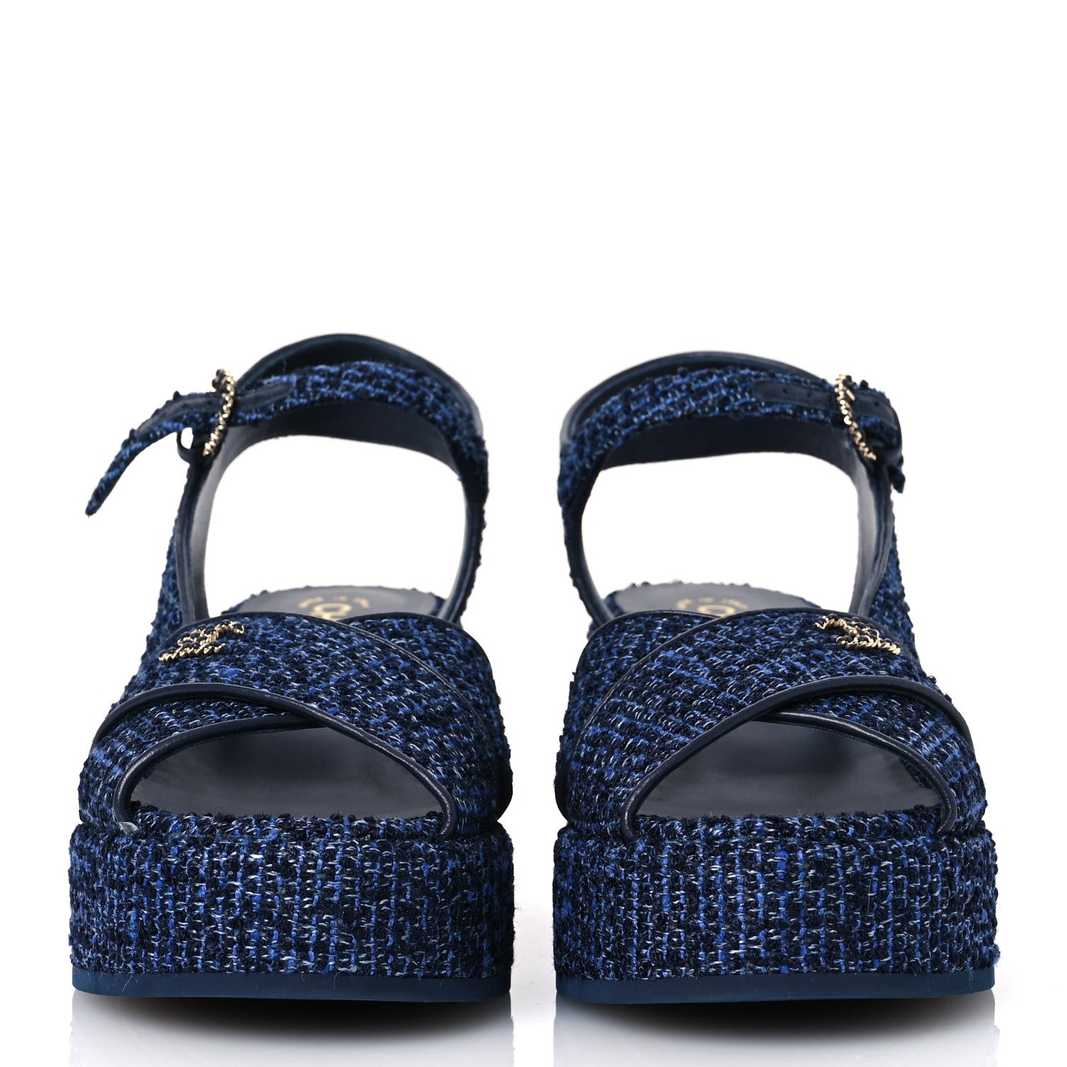Chanel Silk Linen Tweed Quilted CC Platform Sandals 39.5 Navy Blue Gray 3 of 11