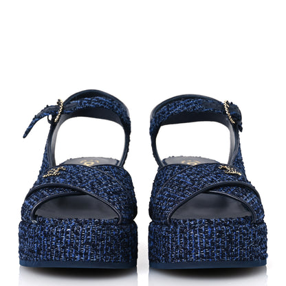 Chanel Silk Linen Tweed Quilted CC Platform Sandals 39.5 Navy Blue Gray 3 of 11