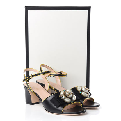 Gucci Nappa Silk Pearl Bee Embellished Mid-Heel Sandals 39 Black 12 of 12