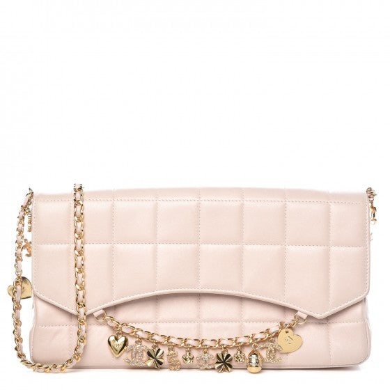 Lambskin Quilted Crystal Chocolate Bar Charm Flap Light Pink