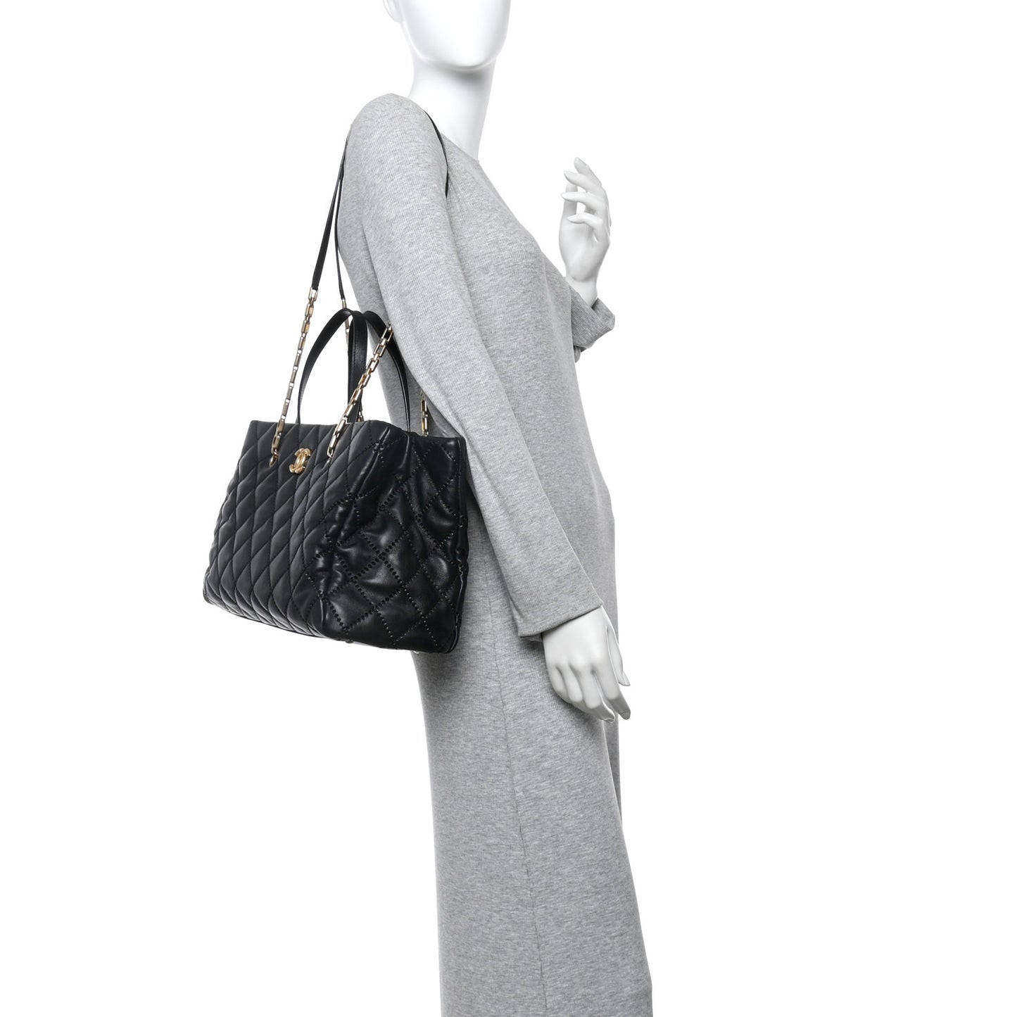 Calfskin Quilted Large Retro Chain Shopping Tote  Black