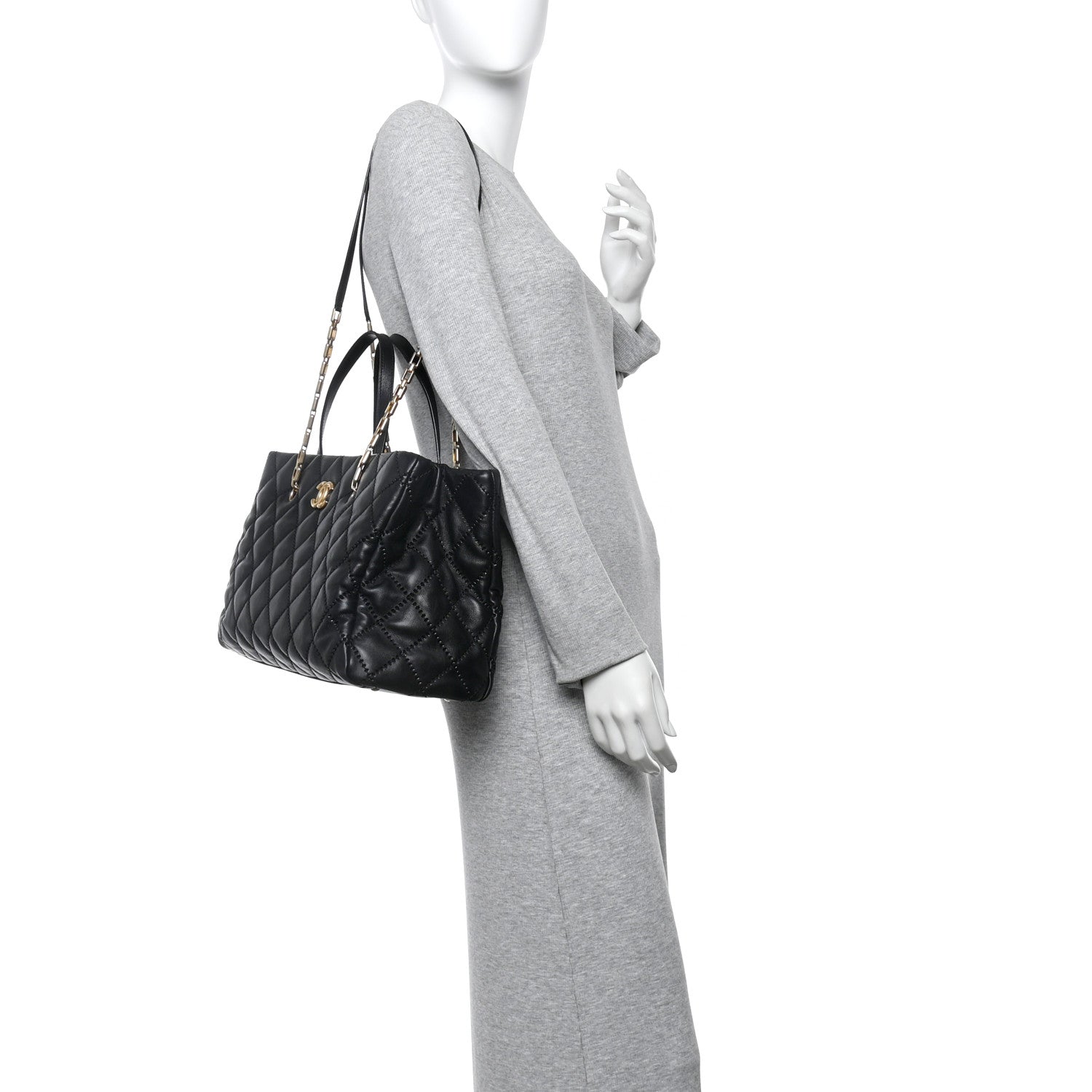 Chanel Calfskin Quilted Large Retro Chain Shopping Tote  Black 2 of 12