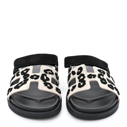 Hermes Suede Goatskin Womens Leopard Chypre Sandals 40 Beige Esquisse Black 2 of 9