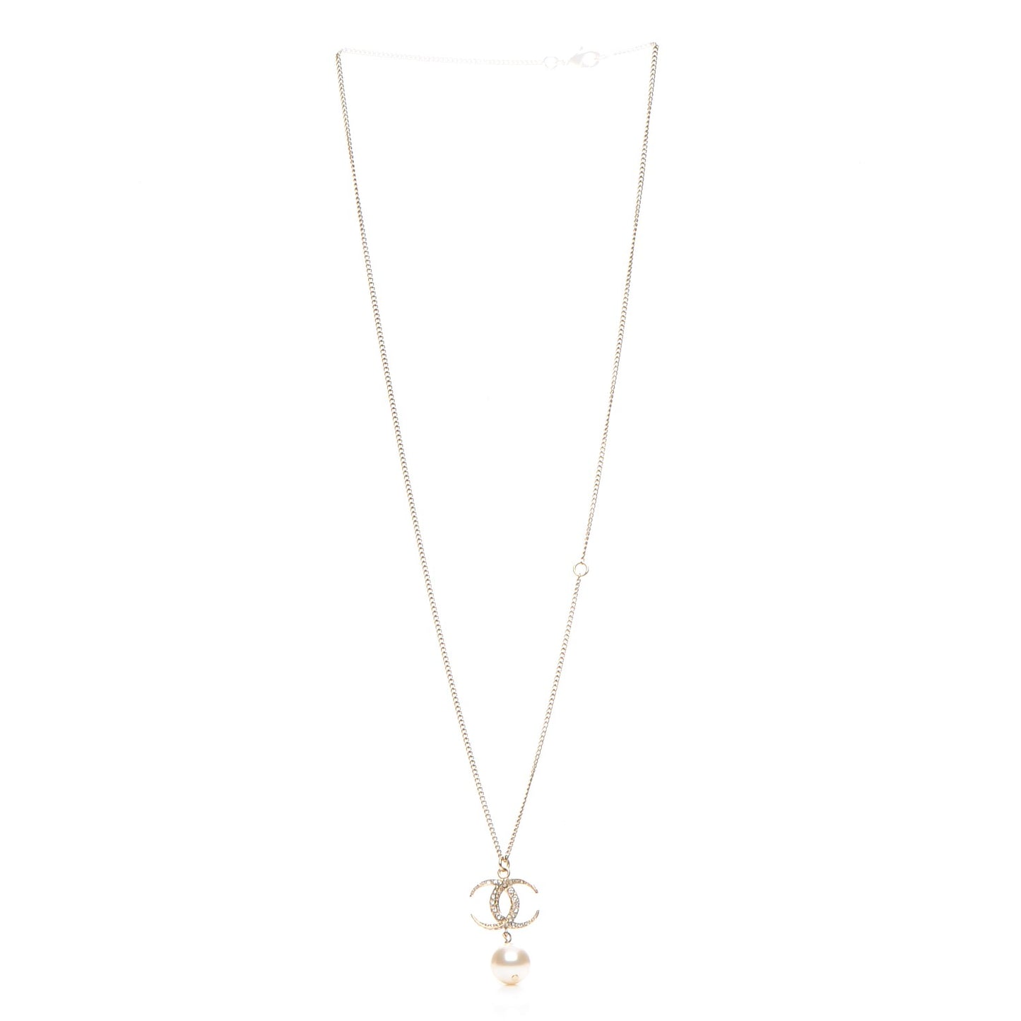 Pearl Crystal CC Drop Necklace Gold