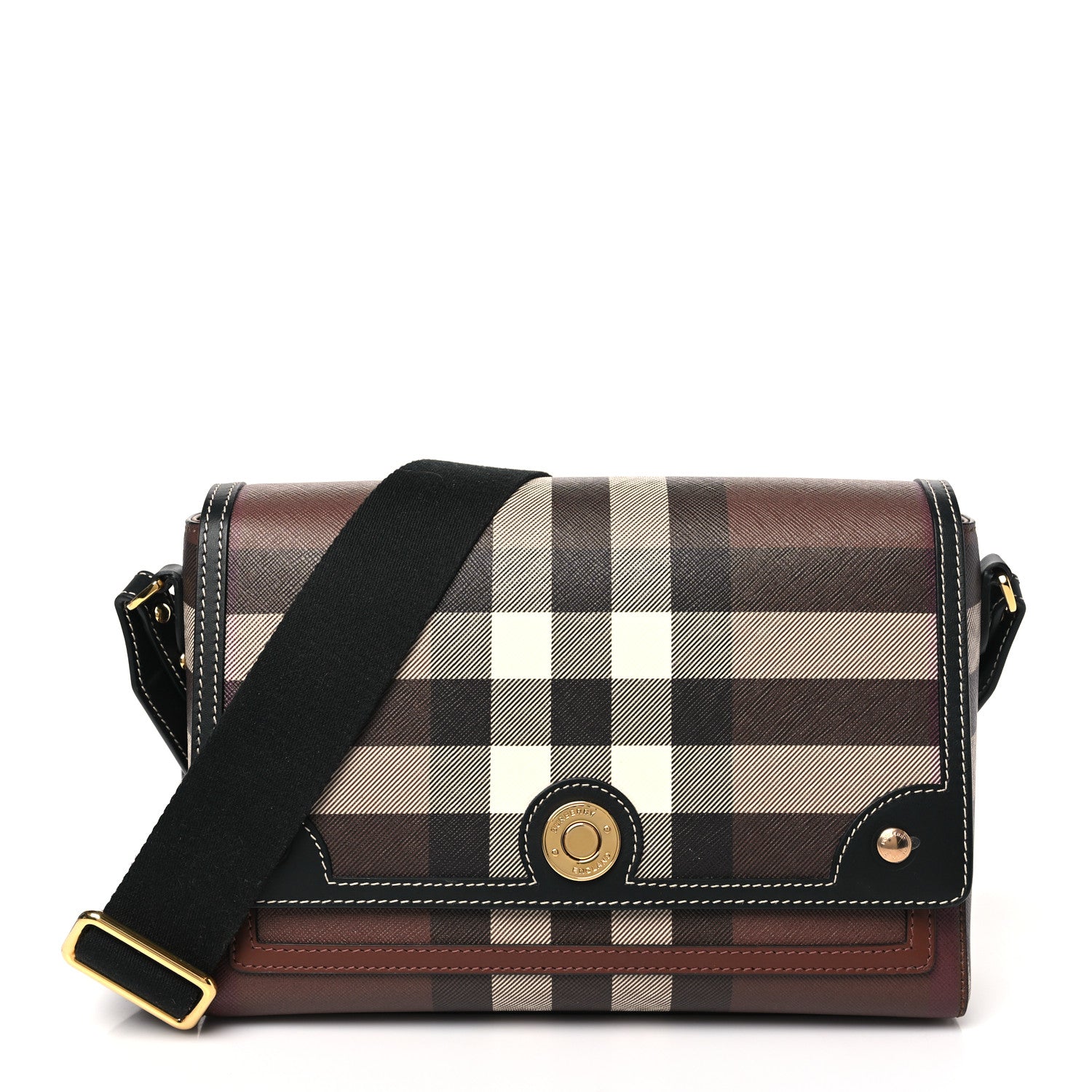 Burberry Calfskin Giant Check E-Canvas Note Crossbody Bag Dark Birch Brown 1 of 10