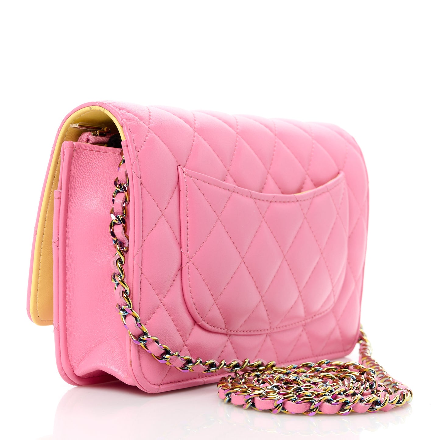 Lambskin Quilted Wallet On Chain WOC Pink Yellow