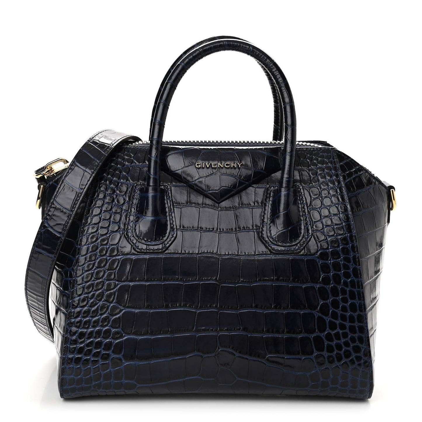 Calfskin Crocodile Embossed Small Antigona Navy