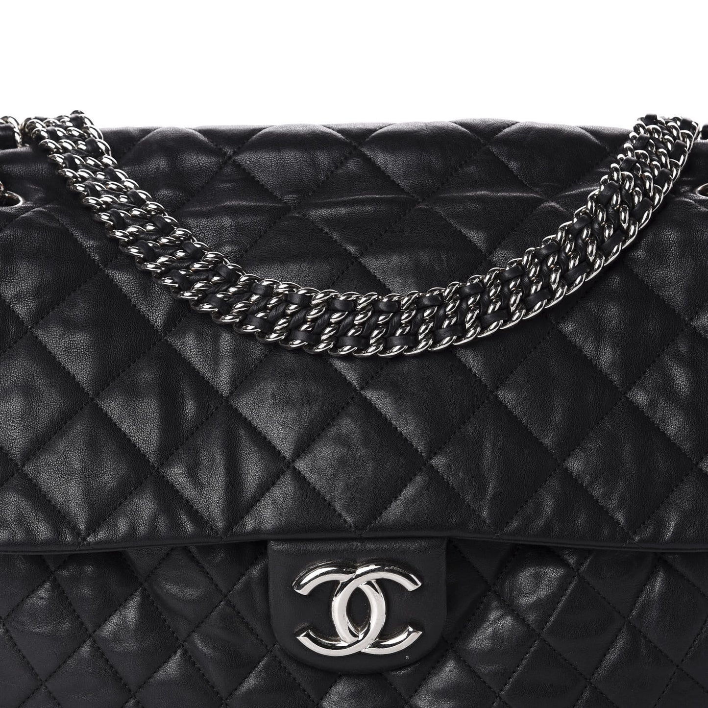 Washed Lambskin Quilted Maxi Chain Around Flap Black