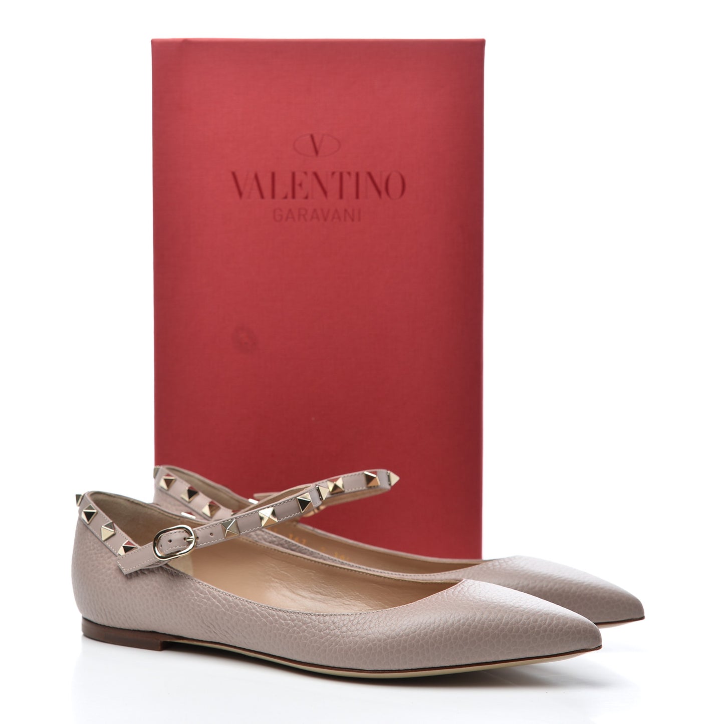 Pebbled Calfskin Rockstud Ankle Strap Ballerina Flats 38.5 Poudre