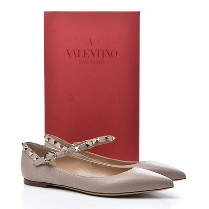 Valentino Garavani Pebbled Calfskin Rockstud Ankle Strap Ballerina Flats 38.5 Poudre 11 of 11