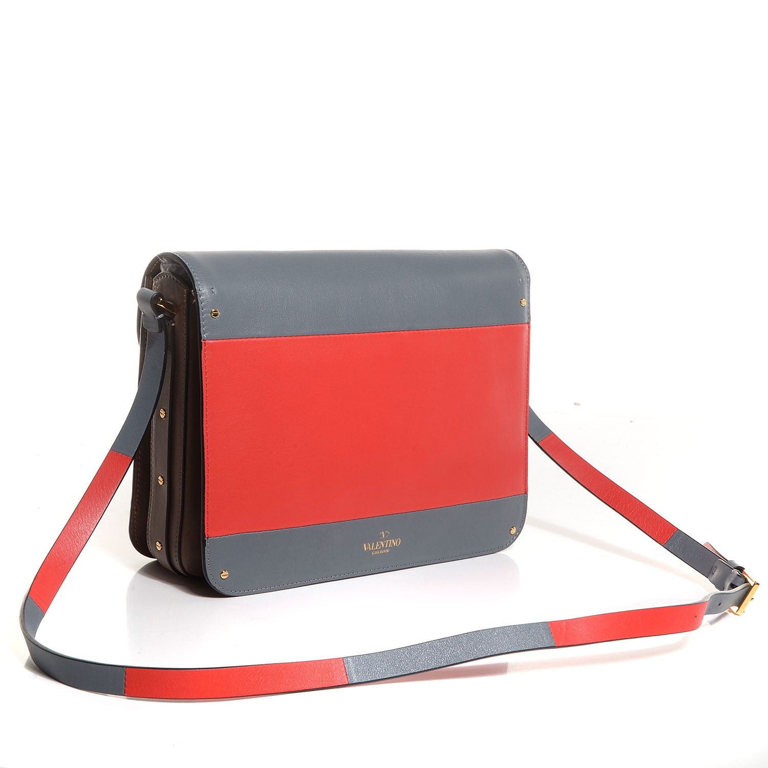 Valentino Garavani Calfskin Rivet Colorblock Shoulder Bag Grey Red 3 of 9