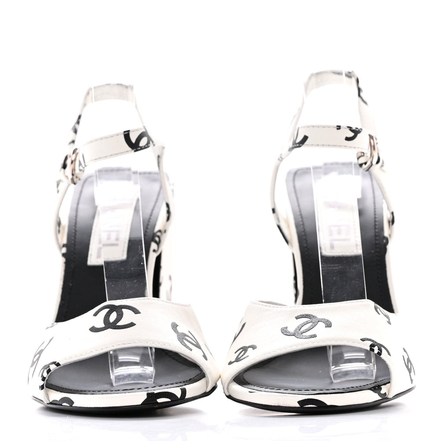 Printed Lambskin CC Sandals 38 White Black