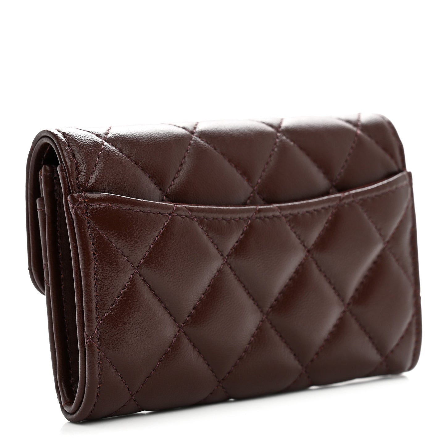 Lambskin Quilted Flap Card Holder Wallet Dark Brown