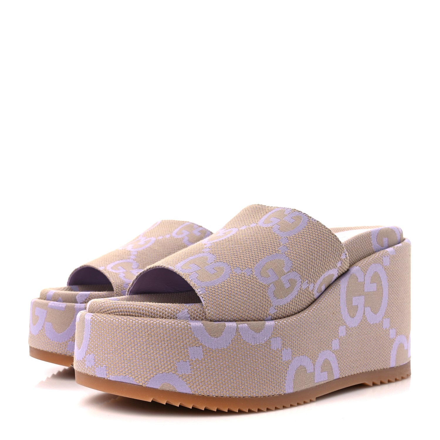 Gucci Monogram Jumbo GG Platform Slide Wedge Sandals 40 Beige Lapis 3 of 11